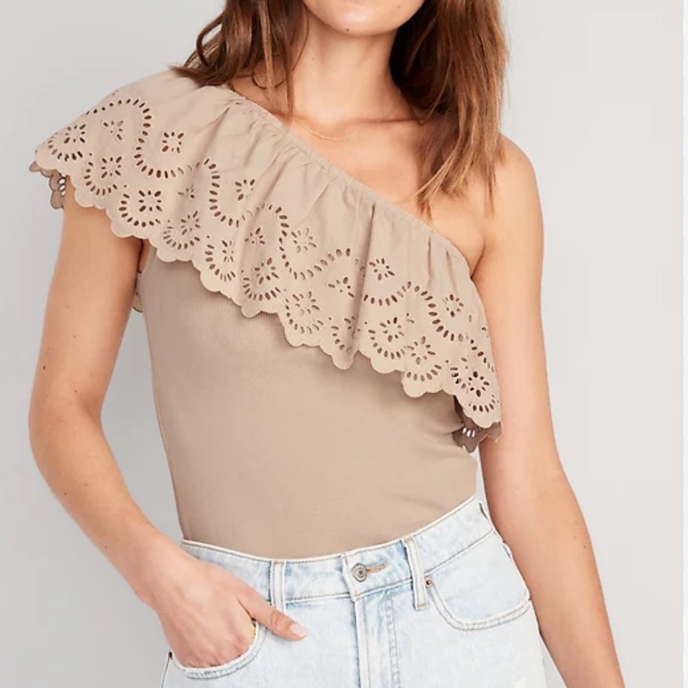 Old Navy Eyelet One-Shoulder Paneled Rib-Knit Top M